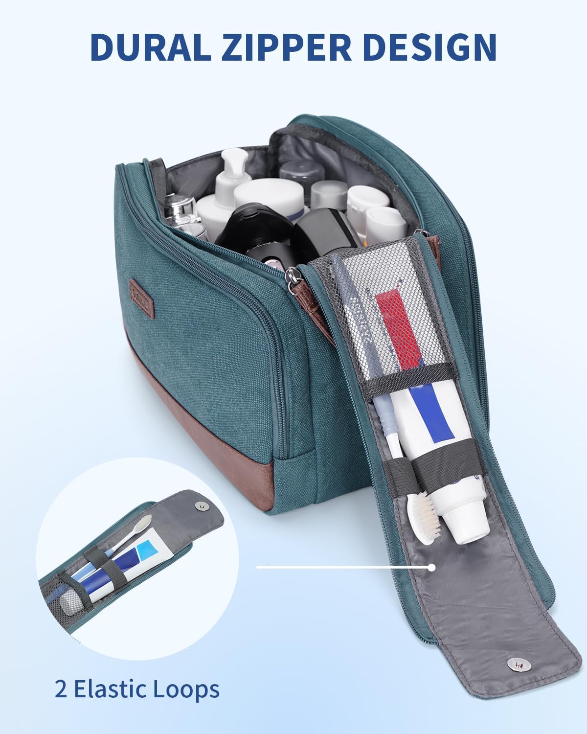 WANDF Toiletry Bag for Men Travel Toiletry Organizer Canvas and Leather Dopp Kit Water-Resistant Shaving Bag for Travel Accessories (Blue-Green, Large)