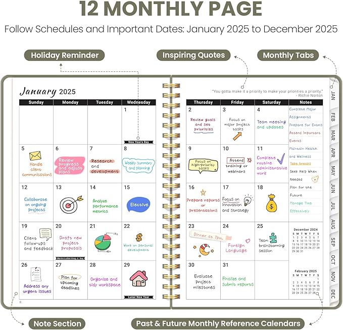 2025 Planner Weekly and Monthly, Jan 2025 - Dec 2025, Hardcover 2025 Calendar Planner Book with Monthly Tabs, Inner Pocket, Aesthetic Planner 2025 for Office Home School Planning - A5 (6.3" x 8.5"), Spiral Bound, Green