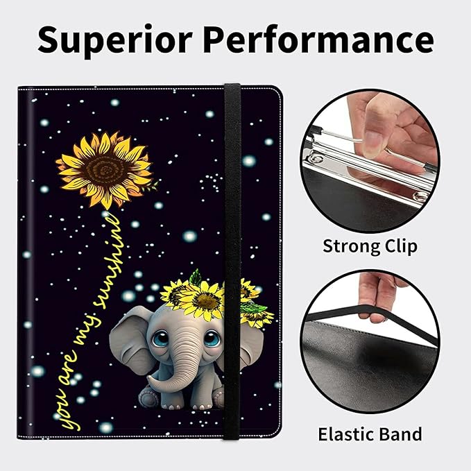 Padfolio Folder with Clipboard,Portfolios Organizer Clipboards with Storage Clipboard Writing Pad PU Leather Conference Document Organizer with Business Card Holder,Elephant Sunflower