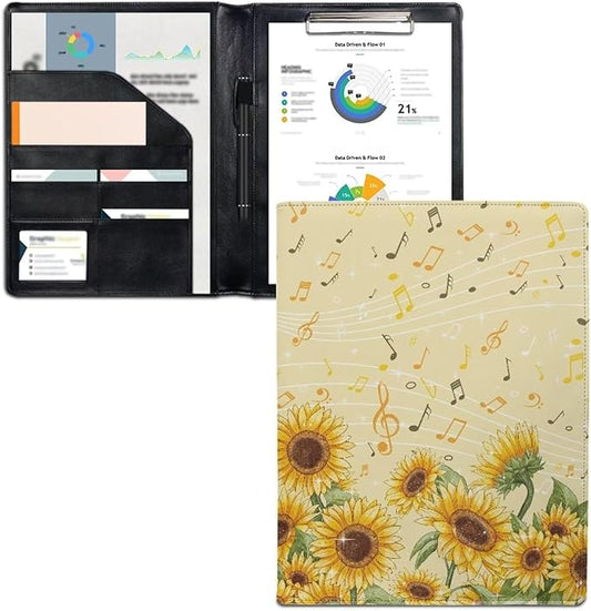 Cozeyat Sunflowers Padfolio for Women Musical Note Design PU Leather Portfolio Folder for Documents, File Folders Letter Size Portfolio Binder for Job Work Office