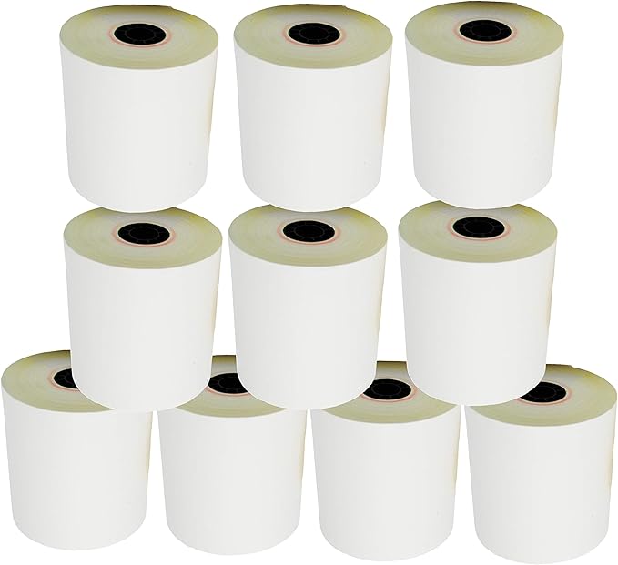 (10 Rolls - 50 GSM) 3'' x 95' White/Canary 2 Ply Carbonless Kitchen Printer Paper Cash Register Receipt Rolls for Star Micronics SP2000, UP389 VeriFone Omni 480, Printer 220, 250, 900 TMU 220