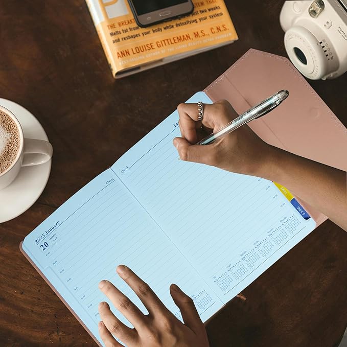 2025 Daily Monthly Planner - Calendar, January - December 2025, 100GSM Thick Paper, Leather Cover, Planner with Hourly Schedule,6.1" x 8.2", Daily Inside Page - Monthly Inside Page, Pen Holder, Bookmarks (Pink)