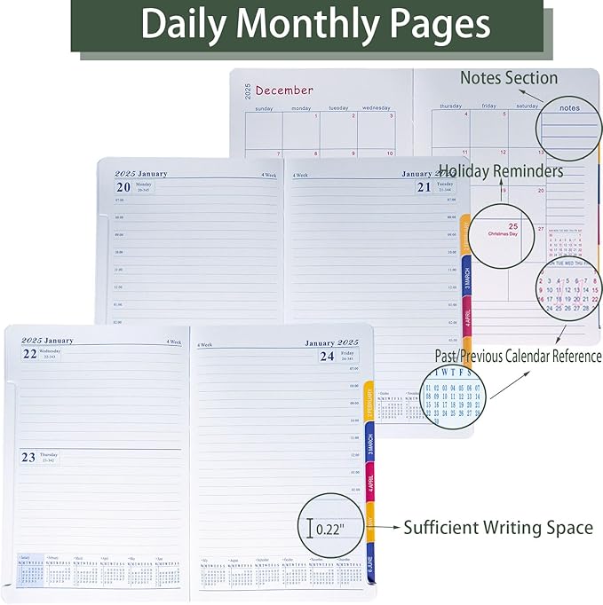 2025 Daily Monthly Planner - Calendar, January - December 2025, 100GSM Thick Paper, Leather Cover, Planner with Hourly Schedule,6.1" x 8.2", Daily Inside Page - Monthly Inside Page, Pen Holder, Bookmarks (Matcha green)