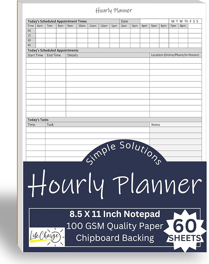 Hourly Planner Notepad. 60 Page Planning Pad w/Appointment Time Block, Task Log List & Note Sections. For Office Work Schedule & Time Management. 8.5 X 11, A4 Sheets.