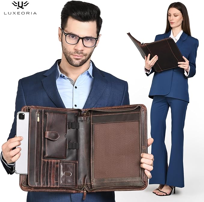 Leather Portfolio Binder, Professional Organizer Padfolio – Resume Folder, Business Card & Document Holder, Portfolios for Men & Women, Office & Business Supplies by Luxeoria | (Large - Brown)