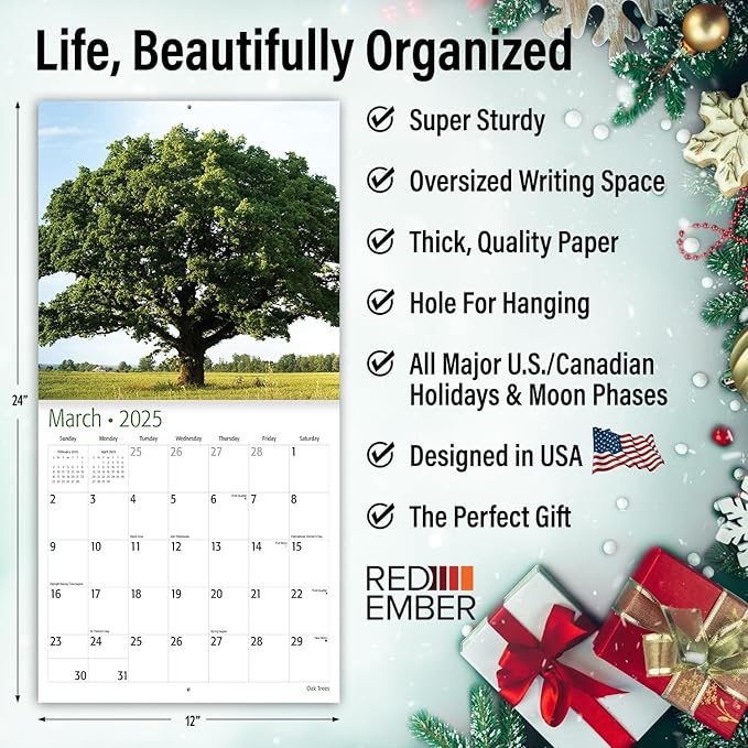 RED EMBER Oak Trees 2025 Wall Calendar 12 Month | 12" x 24" Open | Thick & Sturdy Paper | Giftable | Calendar 2025