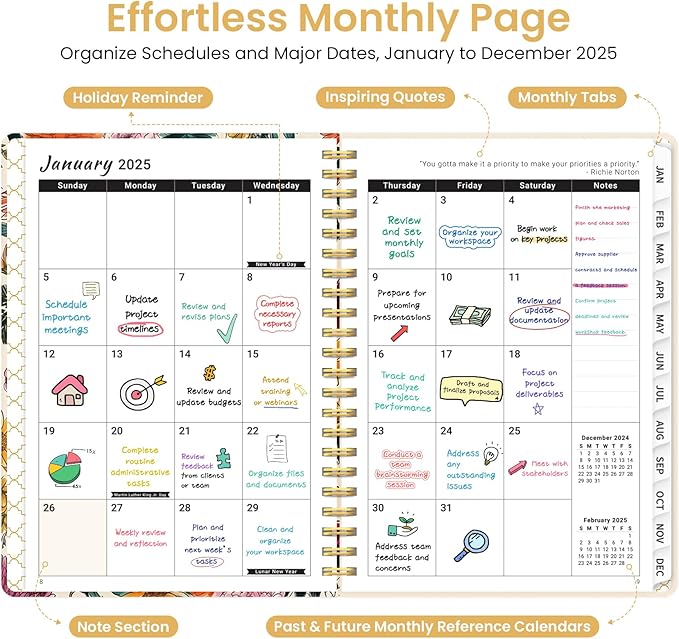 2025 Planner Weekly and Monthly, Jan 2025 - Dec 2025, Hardcover 2025 Calendar Planner Book with Monthly Tabs, Inner Pocket, Aesthetic Planner 2025 for Office Home School Planning - A5 (6.3" x 8.5"), Spiral Bound, Colorful Garden
