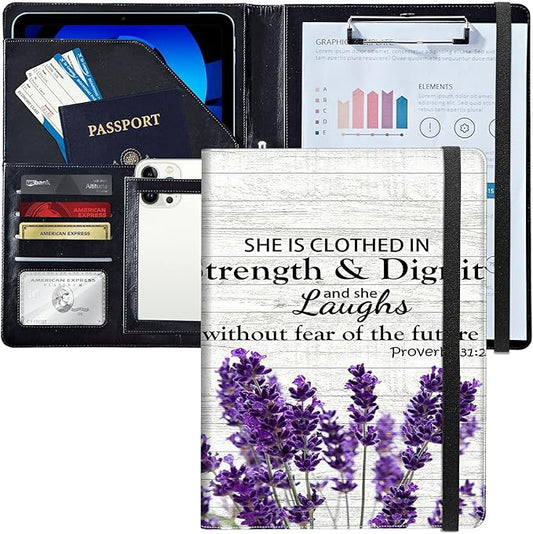 PU Leather Padfolio Folder Clipboard Portfolios Organizer Conference Document Organizer with Business Card Holder Storage Clipboard Writing Pad,Purple Lavender