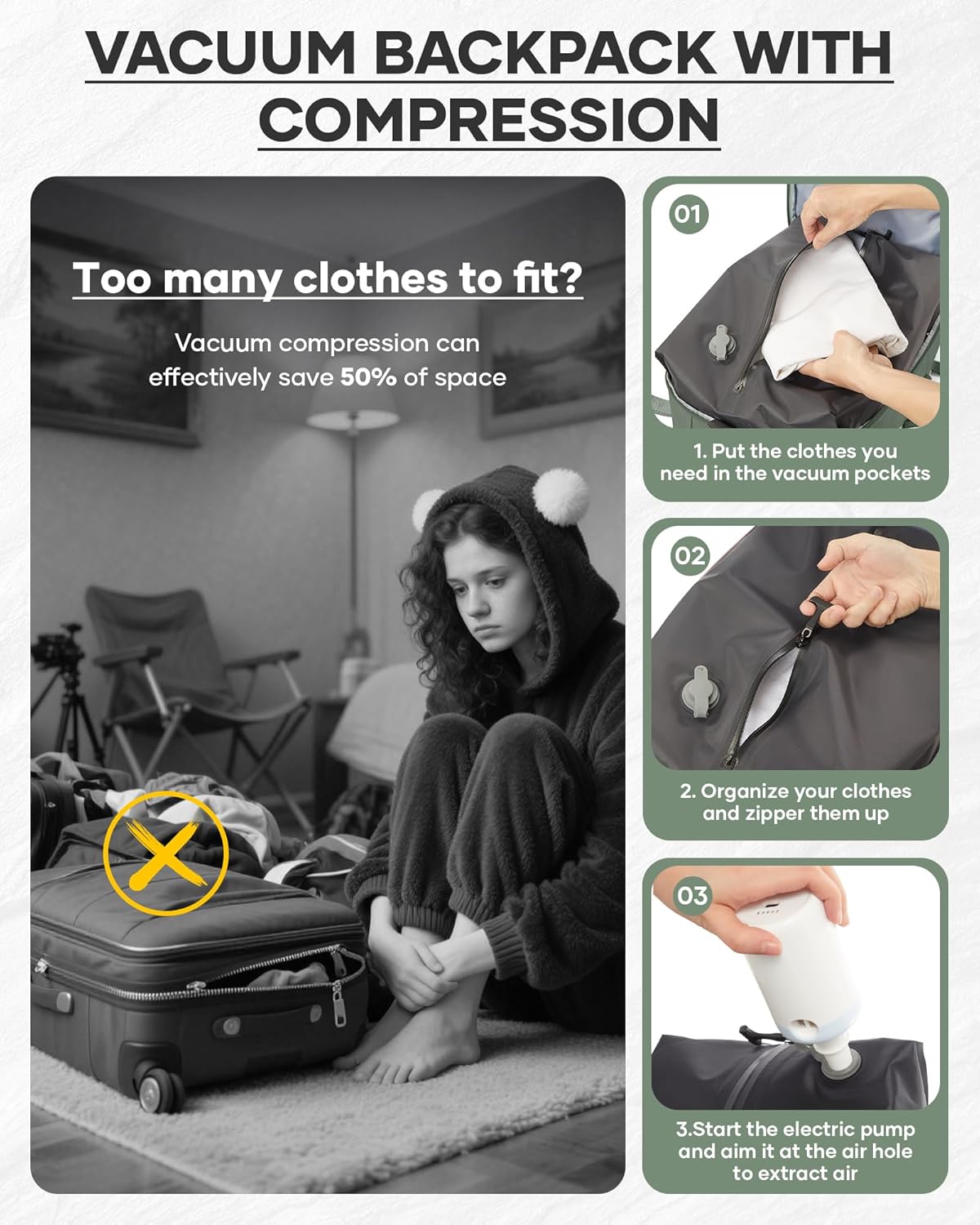 Vacuum Backpack Travel With Pump,Mochila De Viaje Compresion Al Vacio,Personal Item Travel Backpack With Vacuum System,Large Carry On Vacpack Backpacks For Women Men,Olive Green