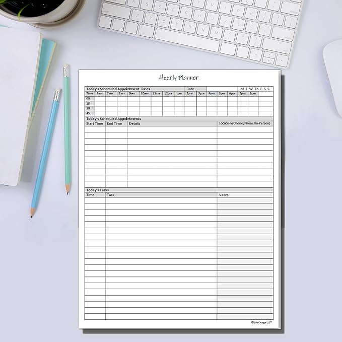 Hourly Planner Notepad. 60 Page Planning Pad w/Appointment Time Block, Task Log List & Note Sections. For Office Work Schedule & Time Management. 8.5 X 11, A4 Sheets.