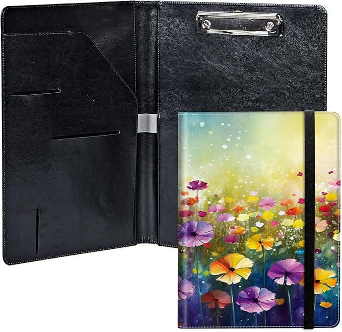 Wildflower PU Leather Padfolio Clipboard Notepad with Pen Loop and Elastic Strap Interview/Resume Document Organizer for Business School Office