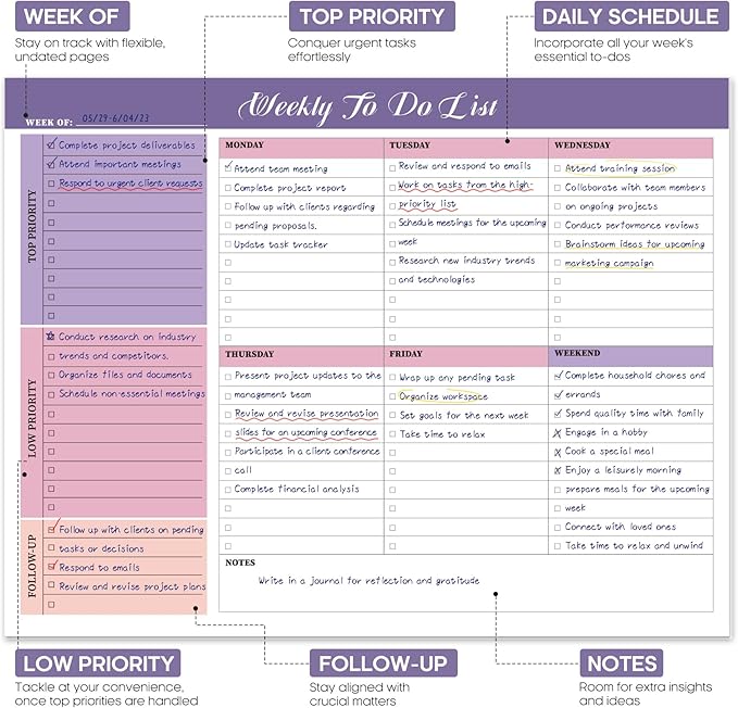 Weekly To Do List Notepad with 52 Tear Off Sheets（8.5"×11"）- Undated Weekly Desk Planner for Women & Man,Work and Home-Violet Whispers