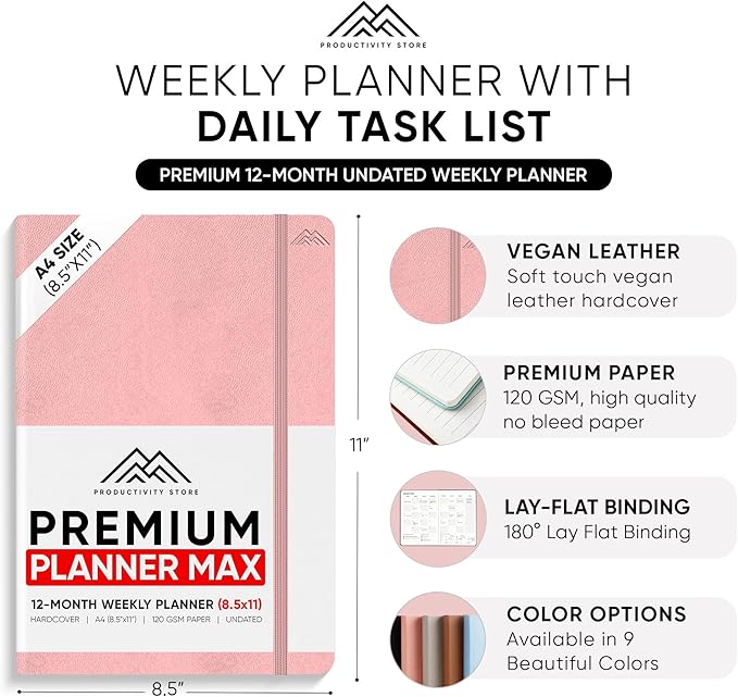 PRODUCTIVITY STORE Pro Max - Undated, 2025 Planner, 8.5" x 11" - The #1 Productivity Planner to Achieve Your 2025 Goals - Planner 2025-2026 - Pink - A4