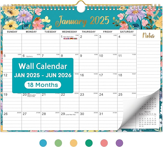 2025 Wall Calendar, Monthly Wall Calendar from January 2025 to June 2026, 11.5" x 14.7", Spiral Binding Hanging Wall Calendar, Perfect for Home or Office, Floral