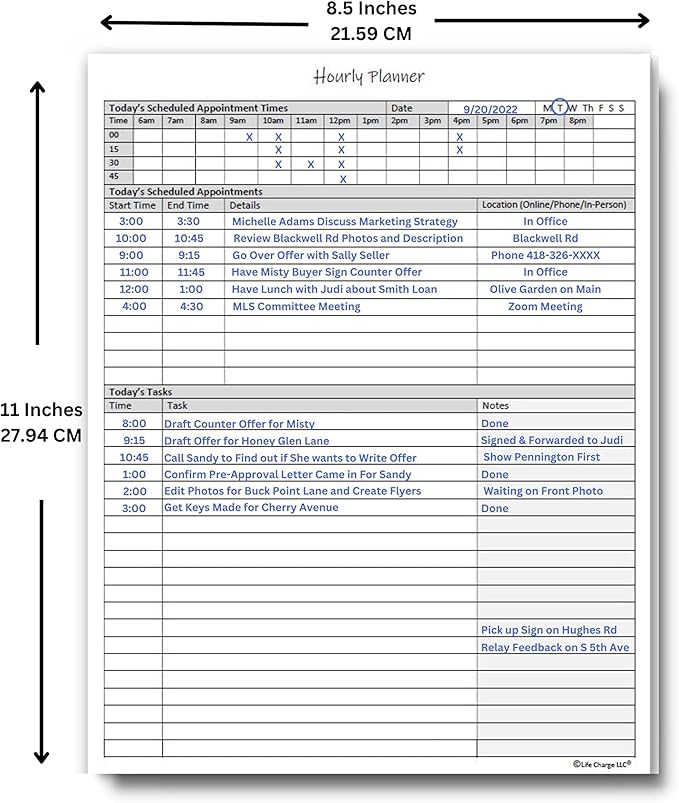 Hourly Planner Notepad. 60 Page Planning Pad w/Appointment Time Block, Task Log List & Note Sections. For Office Work Schedule & Time Management. 8.5 X 11, A4 Sheets.