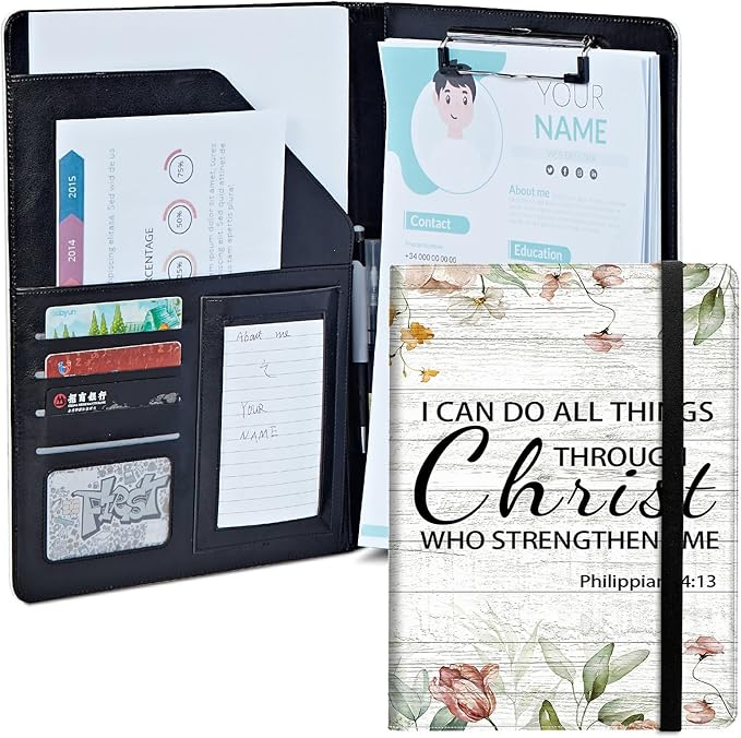 Bible Philippians 4:13 Padfolio Folder with Clipboard,Portfolios Organizer Clipboards with Storage Clipboard Writing Pad PU Leather Conference Document Organizer with Business Card Holder