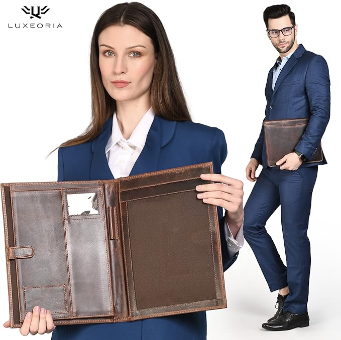 Leather Portfolio Binder, Professional Organizer Padfolio – Resume Folder, Business Card & Document Holder, Portfolios for Men & Women, Office & Business Supplies by Luxeoria | (Medium - Brown)