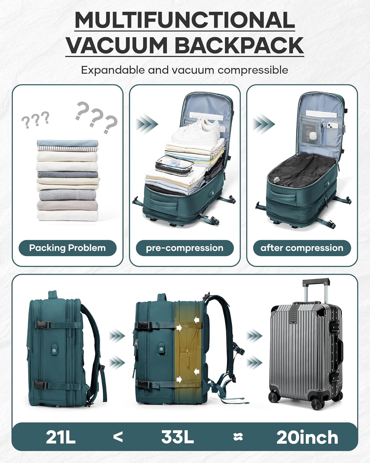 Vacuum Backpack With Vacuum Compression,Expanded Travel Laptop Backpacks For Women Men,Carry On Backpack Vacpack Backpacks With Pump Seal Packing, Personal Item Travel Bag Peacock Blue