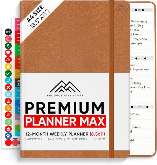 PRODUCTIVITY STORE Pro Max - Undated, 2025 Planner, 8.5" x 11" - The #1 Productivity Planner to Achieve Your 2025 Goals - Planner 2025-2026 - Brown - A4