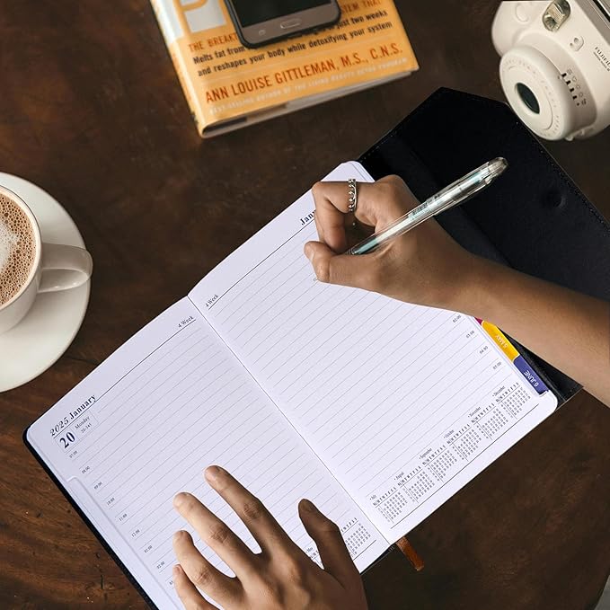 2025 Daily Monthly Planner - Calendar, January - December 2025, 100GSM Thick Paper, Leather Cover, Planner with Hourly Schedule,6.1" x 8.2", Daily Inside Page - Monthly Inside Page, Pen Holder, Bookmarks (Dark Gray)