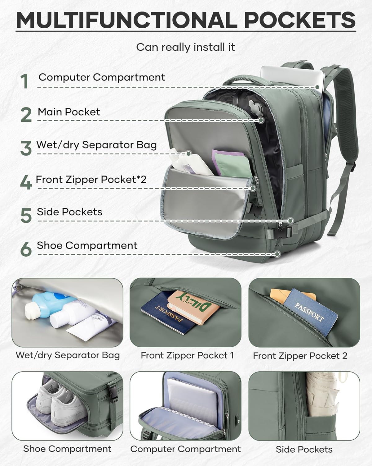 Vacuum Backpack With Vacuum Compression,Expanded Travel Laptop Backpacks For Women Men,Carry On Backpack Vacpack Backpacks With Pump Seal Packing, Personal Item Travel Bag Olive Green