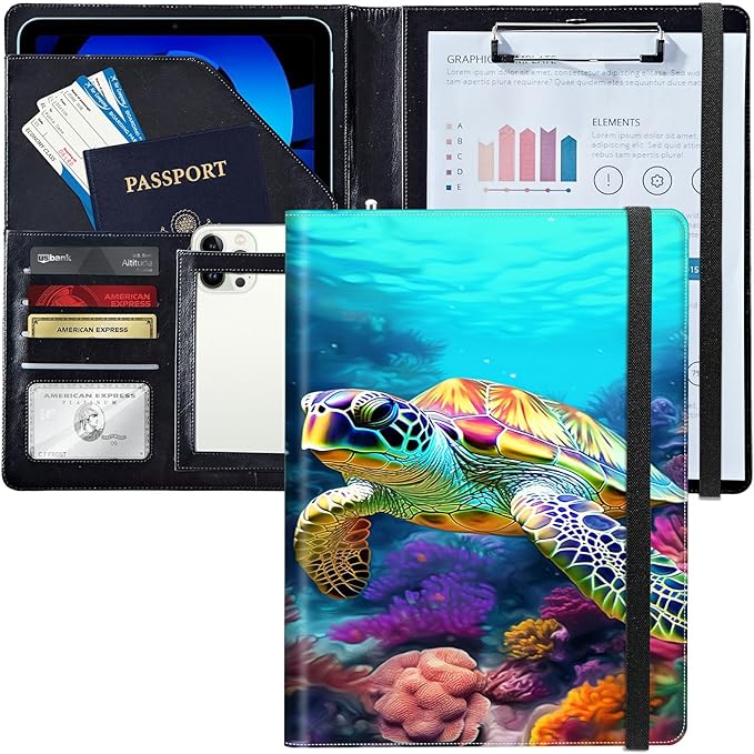 PU Leather Padfolio Folder Clipboard Portfolios Organizer Conference Document Organizer with Business Card Holder Storage Clipboard Writing Pad,Turtle Corals