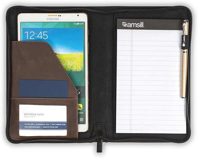Samsill Small Vintage Portfolio/Zipper Faux Leather Portfolio, Book Style Hardback Design, Business & Interview Padfolio Organizer, Holds 5 x 8 Writing Pad, Dark Brown