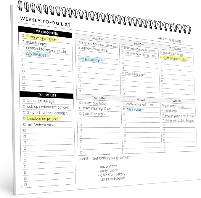 Weekly To Do List Spiral Planner Pad - 8.5x11" 52 Sheets - Desk Notepad with Multiple Sections - Undated Planning Notebook Checklist, Todo Agenda Plan