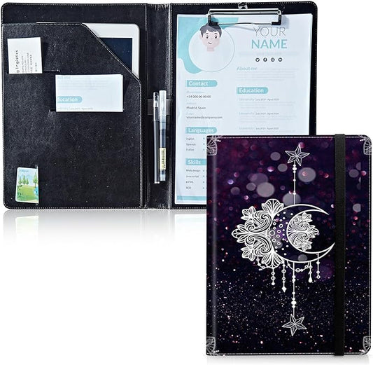 Padfolio Folder with Clipboard,Portfolios Organizer Clipboards with Storage Clipboard Writing Pad PU Leather Conference Document Organizer with Business Card Holder,Moonflower