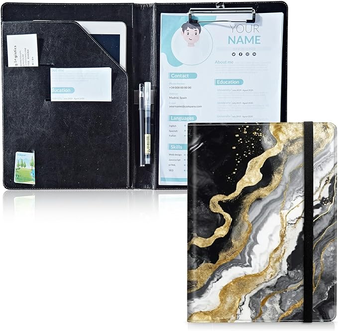 Padfolio Folder with Clipboard,Portfolios Organizer Clipboards with Storage Clipboard Writing Pad PU Leather Conference Document Organizer with Business Card Holder,Black Gold Marble