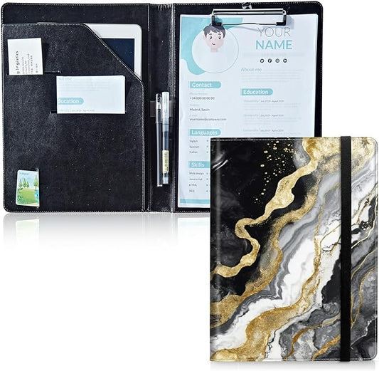 Padfolio Folder with Clipboard,Portfolios Organizer Clipboards with Storage Clipboard Writing Pad PU Leather Conference Document Organizer with Business Card Holder,Black Gold Marble