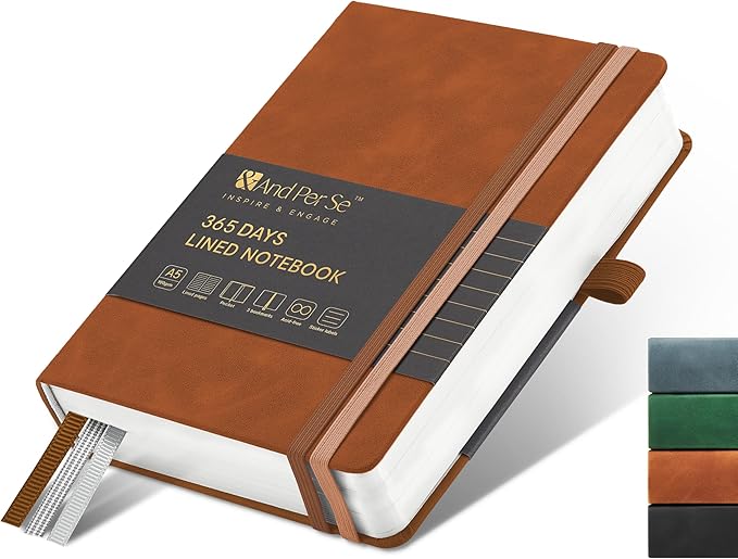 &And Per Se Lined Journal Notebook, 365 Pages, A5, 5.7'' x 8'' 100GSM Thick Paper, Journals for Writing, Hardcover Notebooks for Women Men (Brown)