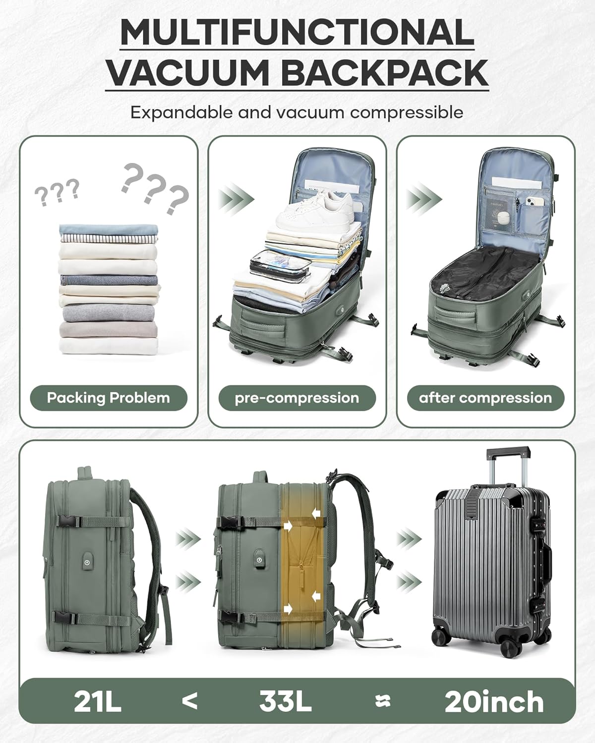 Vacuum Backpack With Vacuum Compression,Expanded Travel Laptop Backpacks For Women Men,Carry On Backpack Vacpack Backpacks With Pump Seal Packing, Personal Item Travel Bag Olive Green