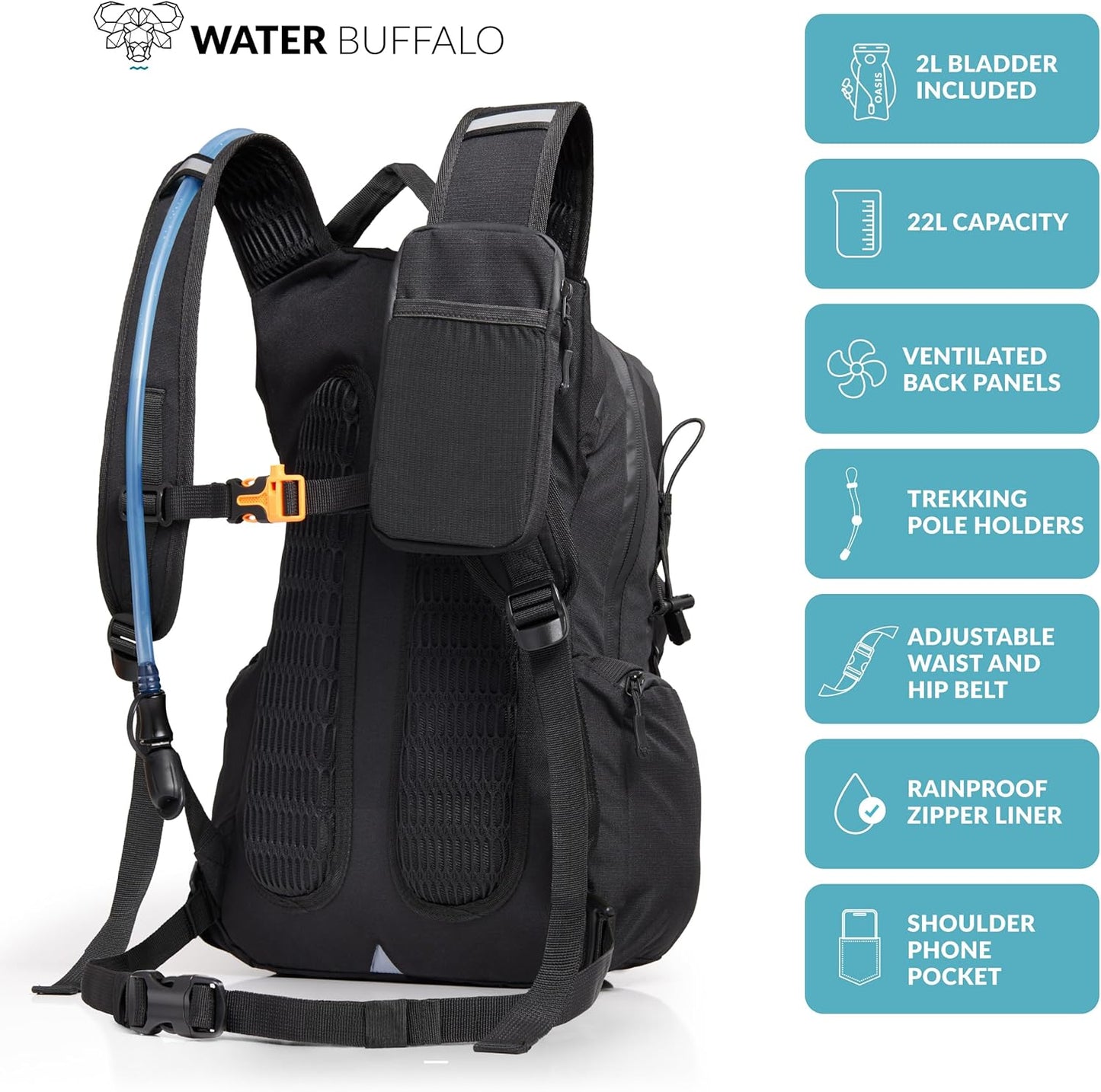 Water Buffalo Hydration Backpack - Sherpa 22L Hiking Backpack with Water Bladder - Water Backpack for Hiking with Waterproof Zippers, Phone & Pole Holders