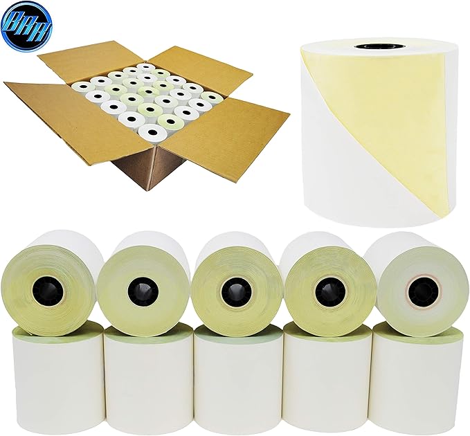 (10 Rolls - 50 GSM) 3'' x 95' White/Canary 2 Ply Carbonless Kitchen Printer Paper Cash Register Receipt Rolls for Star Micronics SP2000, UP389 VeriFone Omni 480, Printer 220, 250, 900 TMU 220