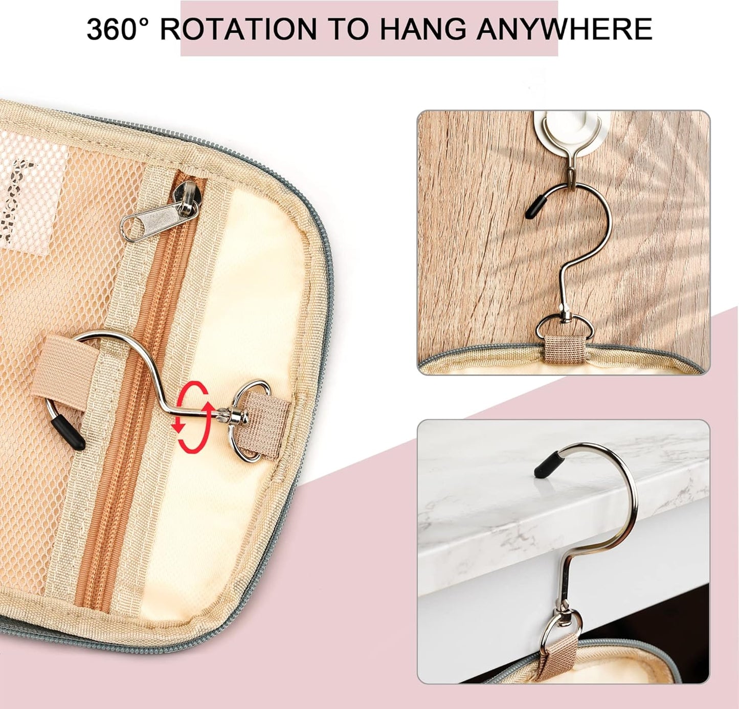 Hanging Travel Toiletry Bag for Women and Men, 6 Organizer Compartments, Extra Large Toiletries Bag, Bathroom Cosmetic Bag, Water-resistant Makeup Bag, Holds Full-Size Shampoo, Rose Red