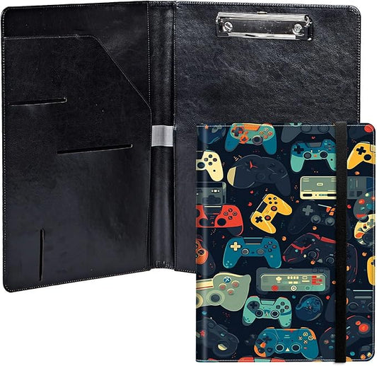 Gaming Controllersca PU Leather Padfolio Clipboard Notepad with Pen Loop and Elastic Strap Interview/Resume Document Organizer for Business School Office