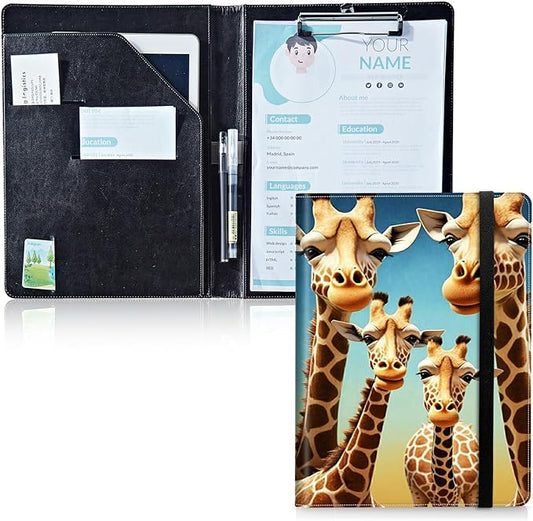 Padfolio Folder with Clipboard,Portfolios Organizer Clipboards with Storage Clipboard Writing Pad PU Leather Conference Document Organizer with Business Card Holder,Giraffe