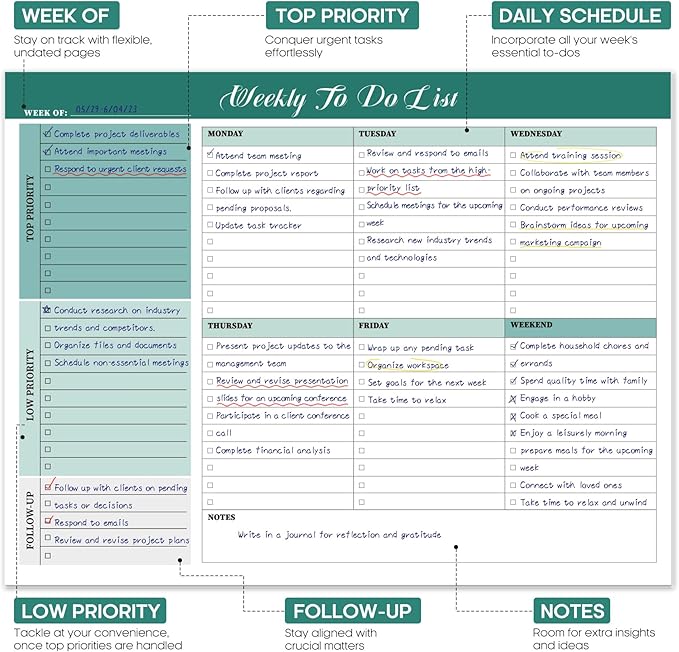 Weekly To Do List Notepad with 52 Tear Off Sheets（8.5"×11"）- Undated Weekly Desk Planner for Women & Man,Work and Home-Greenery Sway