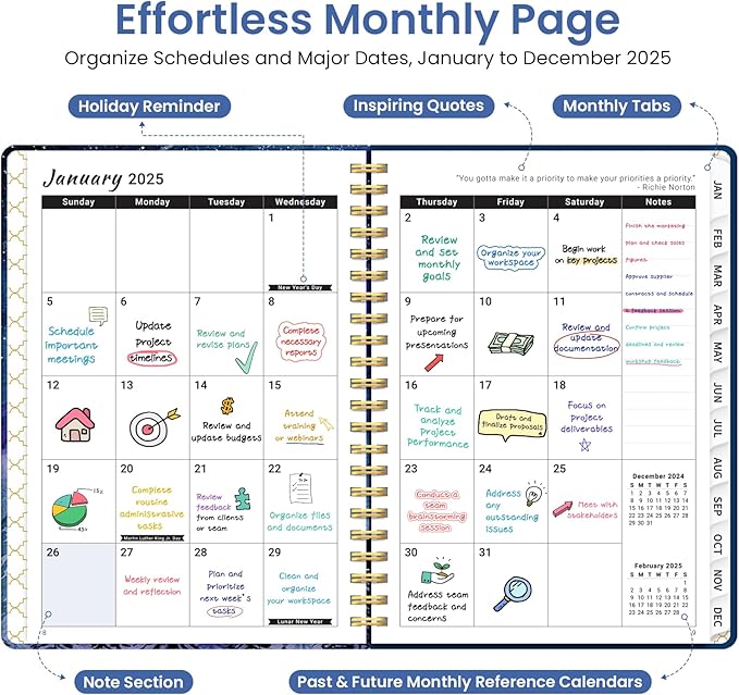 2025 Planner Weekly and Monthly, Jan 2025 - Dec 2025, Hardcover 2025 Calendar Planner Book with Monthly Tabs, Inner Pocket, Aesthetic Planner 2025 for Office Home School Planning - A5 (6.3" x 8.5"), Spiral Bound, Meteor Forest
