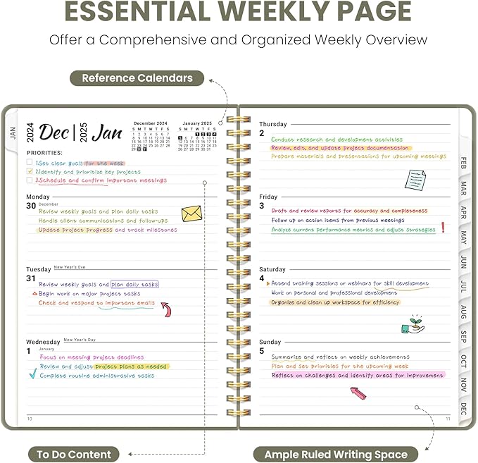 2025 Planner Weekly and Monthly, Jan 2025 - Dec 2025, Hardcover 2025 Calendar Planner Book with Monthly Tabs, Inner Pocket, Aesthetic Planner 2025 for Office Home School Planning - A5 (6.3" x 8.5"), Spiral Bound, Green