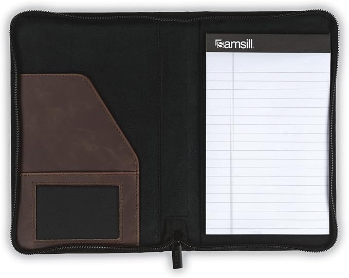 Samsill Small Vintage Portfolio/Zipper Faux Leather Portfolio, Book Style Hardback Design, Business & Interview Padfolio Organizer, Holds 5 x 8 Writing Pad, Dark Brown