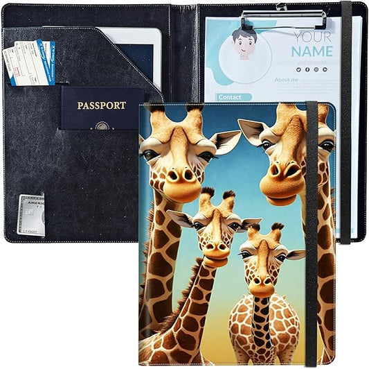 PU Leather Padfolio Clipboard Notepad with Pen Loop and Elastic Strap Interview/Resume Document Organizer for Business School Office,Giraffe