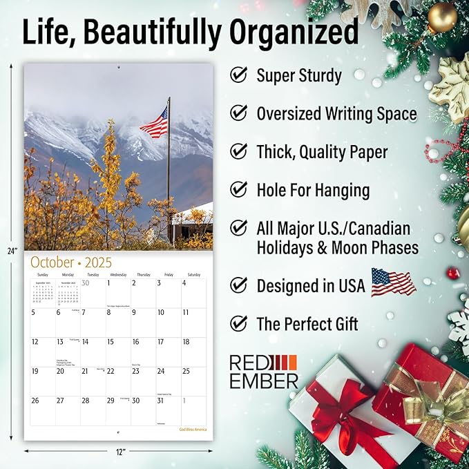 RED EMBER God Bless America 2025 Wall Calendar 12 Month | 12" x 24" Open | Thick & Sturdy Paper | Giftable | Calendar 2025