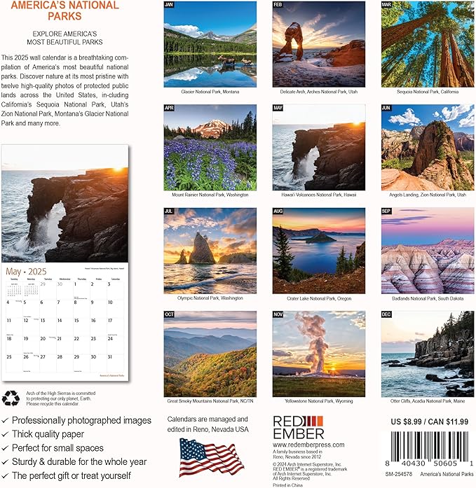 RED EMBER America's National Parks Mini 2025 Wall Calendar 12 Month | 7" x 14" Open | Thick & Sturdy Paper | Giftable | Calendar 2025