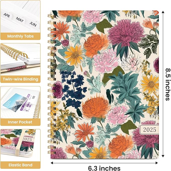 2025 Planner Weekly and Monthly, Jan 2025 - Dec 2025, Hardcover 2025 Calendar Planner Book with Monthly Tabs, Inner Pocket, Aesthetic Planner 2025 for Office Home School Planning - A5 (6.3" x 8.5"), Spiral Bound, Colorful Garden