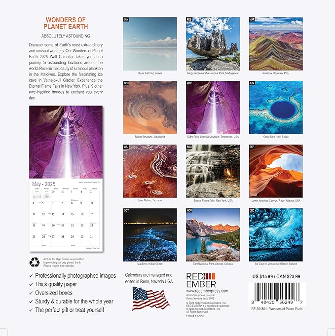 RED EMBER Wonders of Planet Earth 2025 Wall Calendar 12 Month | 12" x 24" Open | Thick & Sturdy Paper | Giftable | Calendar 2025