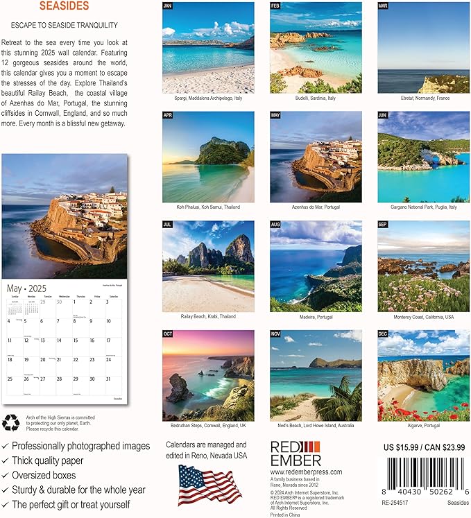 RED EMBER Seasides 2025 Wall Calendar 12 Month | 12" x 24" Open | Thick & Sturdy Paper | Giftable | Calendar 2025