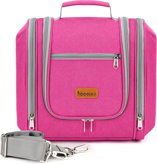 Hanging Travel Toiletry Bag for Women and Men, 6 Organizer Compartments, Extra Large Toiletries Bag, Bathroom Cosmetic Bag, Water-resistant Makeup Bag, Holds Full-Size Shampoo, Rose Red