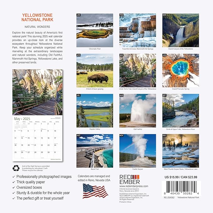 RED EMBER Yellowstone National Park 2025 Wall Calendar 12 Month | 12" x 24" Open | Thick & Sturdy Paper | Giftable | Calendar 2025